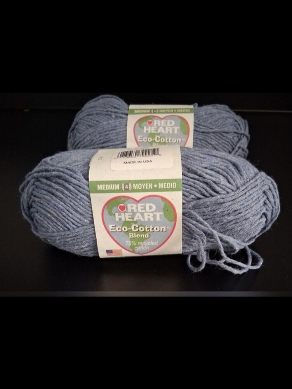 NWT Red Heart Eco-Cotton Blue/Grey Denim Cotton Blend Crochet Knit Yarn